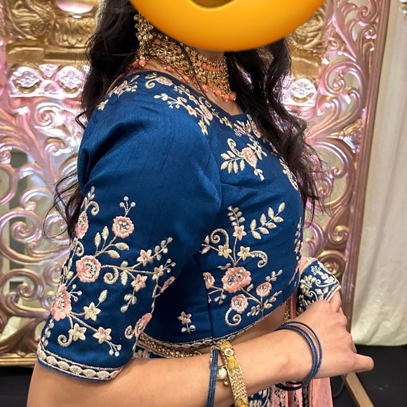 Blue raw silk Designer lengha with pink net duppata. Full flare. - Picture 2 of 6